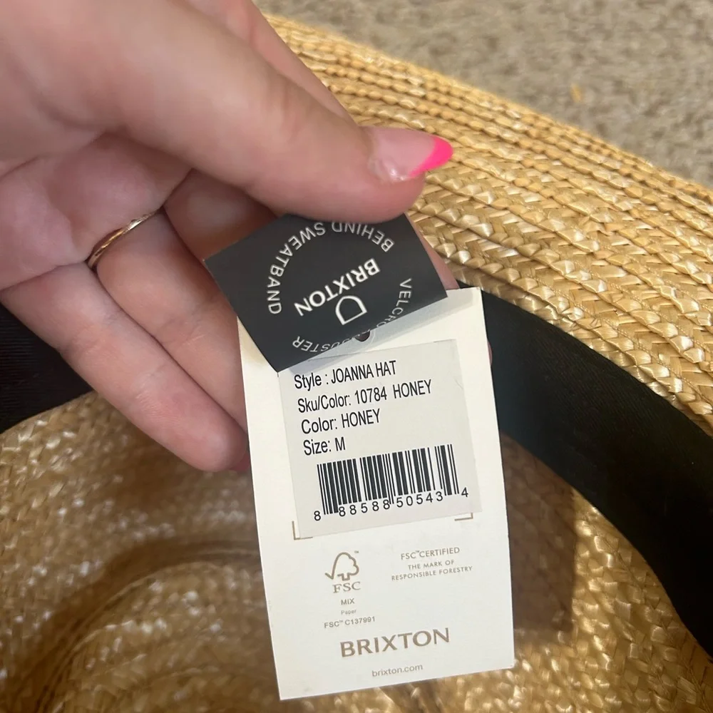 NWT Brixton Honey Woven Joanna Hat Black Band Straw Wheat Travel Summer Beach M
